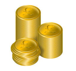 Stacks of golden coins with pound sterling currency symbol, two arranged in regular and one in irregular manner, varying heights. Wealth and money concepts, isolated on transparent.