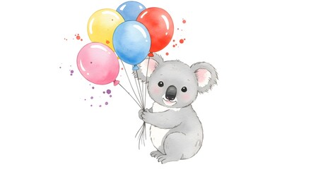 Adorable watercolor koala clutching a vibrant bunch of festive balloons, perfect for children's party invitations and cheerful celebrations