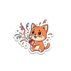 A cute orange tabby kitten is sitting and happily pulling a party popper which is bursting with colorful confetti and streamers