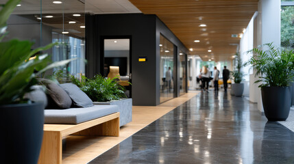 A sleek modern office hallway is captured, showcasing stylish furniture and a clean design, representing a professional and welcoming work environment that fosters creativity.