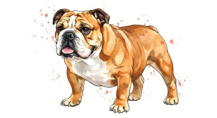 Obraz premium Charming watercolor bulldog portrait with playful splatters, perfect for pet lover designs and unique artwork, evoking warmth and personality.