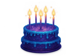 Galaxy birthday cake with five lit candles, celebrating a cosmic fantasy party, transparent background