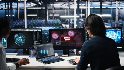 Team of engineers in data center struggles with malfunctions while using AI tools. Frustrated teamworking server hub colleagues try to fix system errors while using artificial intelligence, camera A