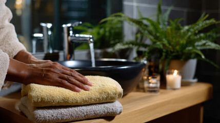 A soothing bathroom scene featuring neatly stacked towels, running water from a modern faucet, and lush green plants in a contemporary setting, promoting relaxation and self-care.