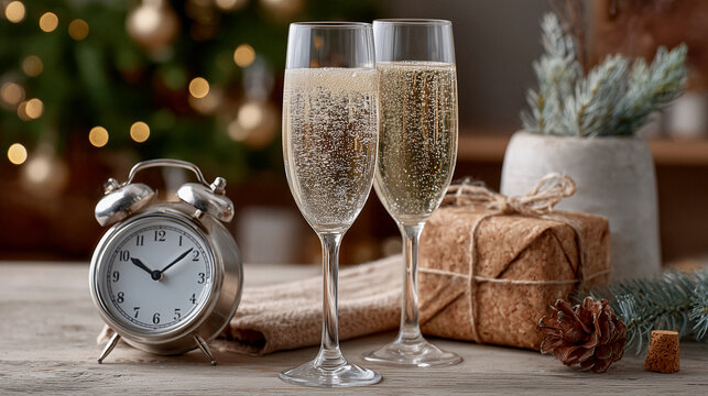Sektgl&auml;ser mit Uhr und Geschenken vor festlicher Weihnachtsbeleuchtung &ndash; Symbol f&uuml;r Silvester und Neujahrsfeier