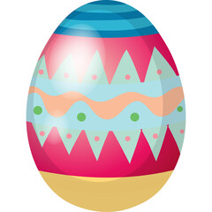 A brightly decorated Easter egg with pink blue orange and green patterns on a yellow base isolated on a transparent background
