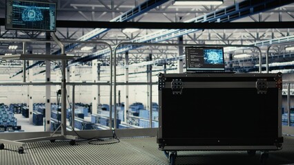 AI coding script powering neural networks running on laptop in server room with rigs handling queries. AI tech on notebook in data center with hardware supporting artificial intelligence services