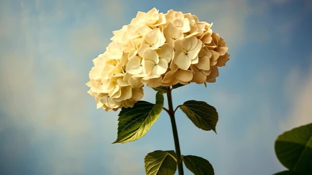 Hydrangea Bloom in Sunlight: A close-up of a delicate hydrangea bloom, its creamy petals radiant against a backdrop of a clear, bright sky. A celebration of botanical beauty