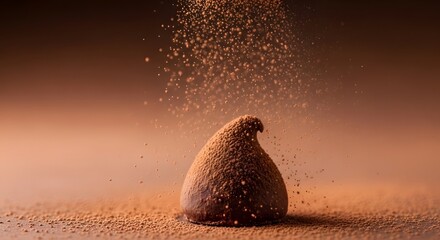 Chocolate truffle surrounded by cocoa powder on warm background  