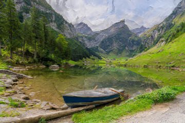 Generated oil painting of Seealpsee lake with canoe in foreground near Appenzell, Switzerland