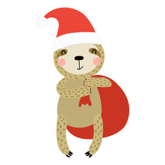 Sloth in a Santa Claus hat, carrying sack isolated on transparent. Hand drawn flat vector illustration. Cute cartoon character. Traditional Christmas, New Year design element, clip art