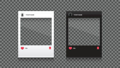 Social media photo frame templates – white and black design. Likes and bookmarking to favorites icons included. Vector illustration. 