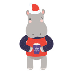 Hippo in a Santa hat, sweater, with mug isolated on transparent. Hand drawn flat vector illustration. Cute cartoon character. Traditional Christmas, New Year design element, clip art