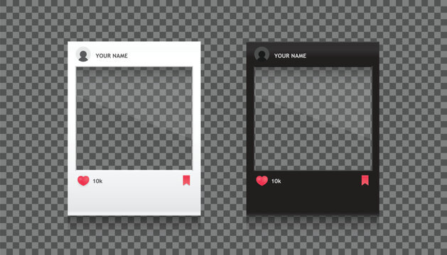 Social media photo frame templates – white and black design. Likes and bookmarking to favorites icons included. Vector illustration. 