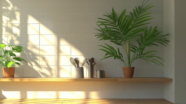 Sunny interior with plants on a wooden shelf, white tiled wall, and kitchen utensils