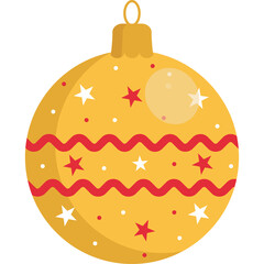 Golden Christmas Ornament Festive Decoration with Red Wavy Stripes and White Stars Scattered Across Its Surface Isolated on Transparent Background