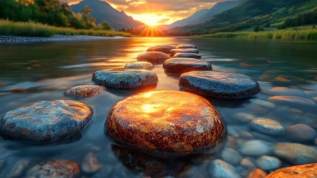 Sunrise over river with stepping stones, mountains, and trees. Reflections on water