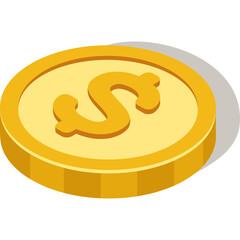 Golden dollar coin with dollar sign symbol in isometric view on transparent background with shadow