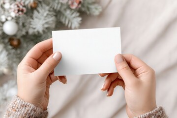 Obraz premium Elegant white blank greeting card mockup with soft natural light and festive Nordic atmosphere.