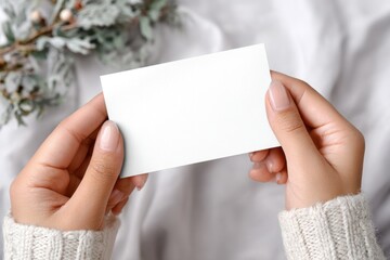 Obraz premium Elegant white blank greeting card mockup with soft natural light and festive Nordic atmosphere.