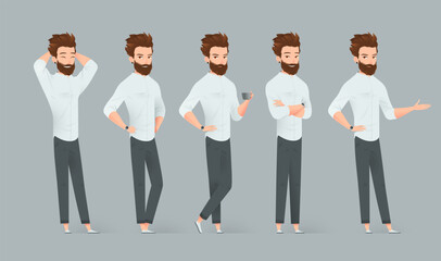 Cartoon bearded man character with brown hair wearing a white shirt and gray pants. Full body illustrations in five different poses, friendly and professional appearance.