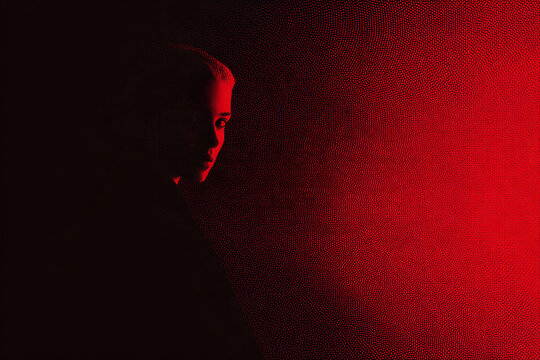 psychological thriller art, geometric red backdrop, young womans face subtly appears in a dot pattern, creating a tense and cinematic poster