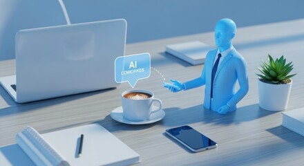 A digital figure interacting with coffee, laptop, and phone; desk setting with plants
