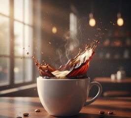 Coffee splash in white cup, backlit by window, cozy caf? setting