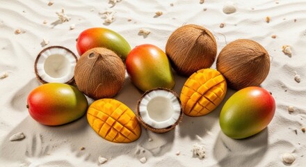 Coconuts and mangos, some sliced, laying on bright, textured sand