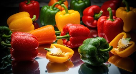 Colorful bell peppers, some cut, covered in water droplets, against a dark background