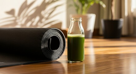 Healthy Green Juice Bottle Next to Yoga Mat on Wooden Table in Bright Sunlit Room