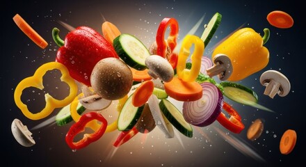 Colorful, fresh-cut vegetables exploding outwards from a central burst of light