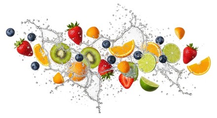 Colorful fruits frozen in splashing water, against a white background