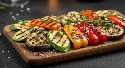 Colorful grilled vegetables arranged on a wooden board, garnished with herbs
