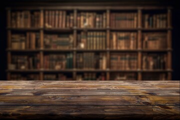 empty wooden desk top at library background