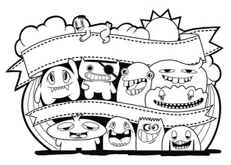 Hand-drawn illustrations, monsters doodle, Hand Drawn cartoon monster illustration,Cartoon crowd doodle hand-drawn Doodle style.black and white stripes coloring  book.