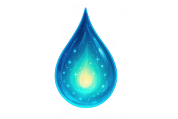 Glowing blue water drop illustration with sparkling light, magic, and fantasy element, transparent background