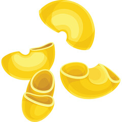 Golden Macaroni Pasta Elbows Isolated on Transparent Background Featuring Three Full Elbows and One Partially Cut Elbow Showcasing Smooth 