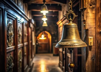 Antique brass bell hanging from an old wooden wall in a dimly lit hallway