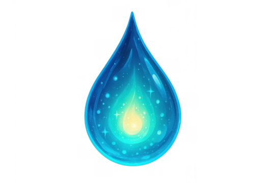 Glowing blue water drop illustration with sparkling light, magic, and fantasy element, transparent background
