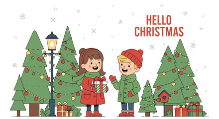 Adobe illustrator artwork vector illustration. Two cheerful kids with gifts and Christmas trees, celebrating 