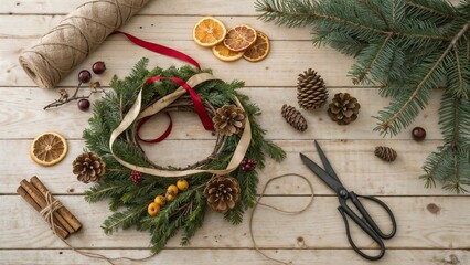 DIY Christmas Wreath Making Flat Lay with Natural Materials
