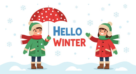 Adobe illustrator artwork vector illustration. Two happy kids under an umbrella in snowy weather, celebrating 