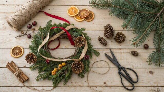 DIY Christmas Wreath Making Flat Lay with Natural Materials