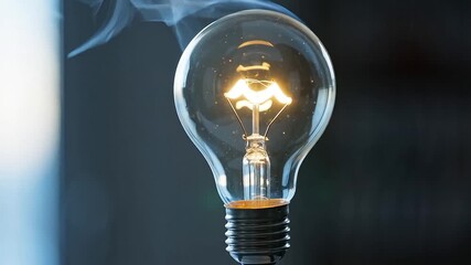 Smoking, burning out incandescent light bulb glowing brightly against a dark, blurred background symbolizing a failed idea