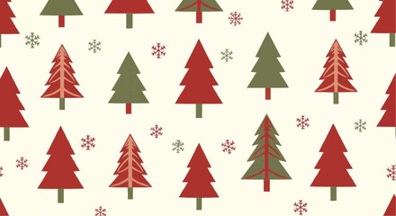 Obraz premium Pattern of christmas trees in red and green with small snowflakes on an off white background evenly spaced