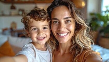Close-up selfie portrait of a happy mother and young son smiling together at home, authentic family moment