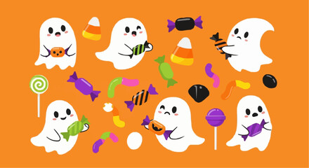 Fototapeta premium Illustration of halloween themed ghosts and candies on a bright orange colored plain background view