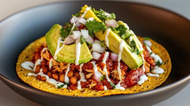 Premium chicken tinga tostada with avocado chunks, crema drizzle, cilantro and diced onions on crispy golden corn tortilla at upscale Mexican restaurant