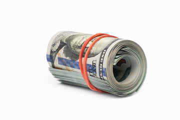 Roll of cash bundled together with rubber bands on a white background for financial themes